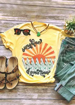 Sieviešu Vasaras Grafiskais Īsām Piedurknēm T-krekls Femme Plus Lieluma Saules Labos Laikos Dzeltenajiem tee Meitene 90s Harajuku Topi korejas Drēbes